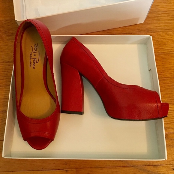 Genuine Leather Vintage Style Platform High Heels Open Toe Red Size 5.5 - Picture 1 of 4